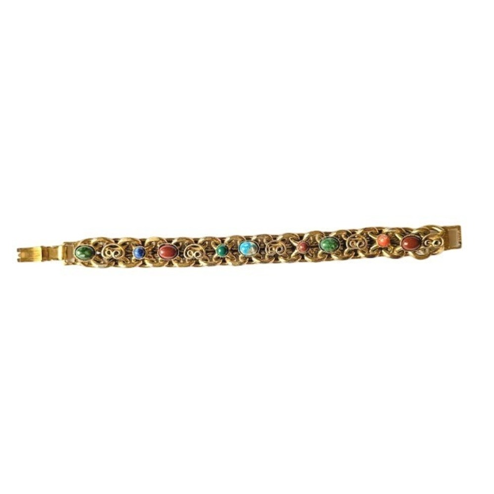 Vintage Cabochon Stone Link Bracelet Boho Byzantine Etruscan Revival Classic